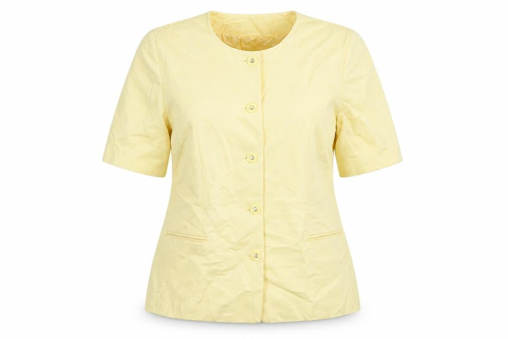 Front view of Affinity women’s yellow jacket blazer, size UK 16, button