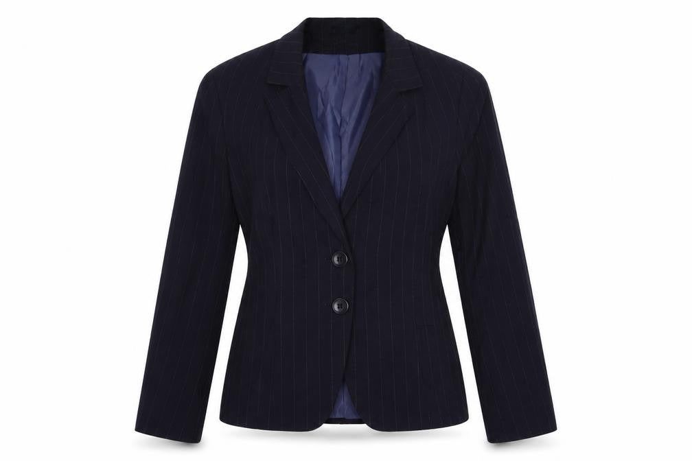Front view of George women’s blue striped jacket blazer, size UK 10, button