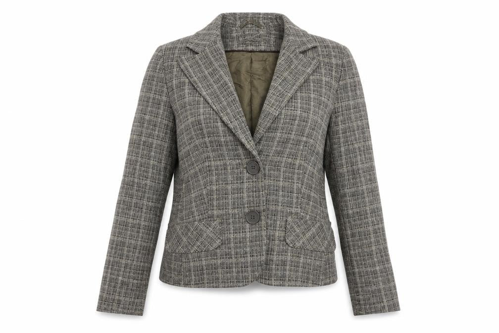 Front view of Atmosphere women’s grey plaid jacket blazer, size UK 12, button