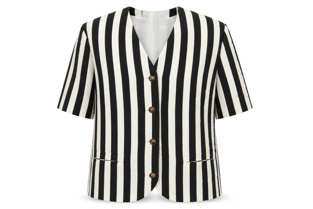 Front view of Variations women’s black striped jacket blazer, size L, button