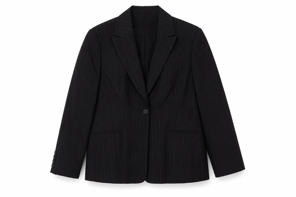 Front view of Atmosphere women’s black striped jacket blazer, size UK 16, button