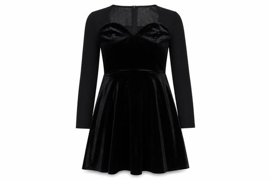 Front view of Boohoo women’s black polyester fit & flare, size UK 10, v-neck zip