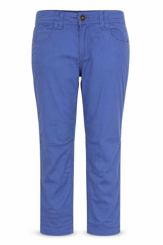 Front view of Next women’s blue cotton trousers, size UK 10, 30-inch leg regular button