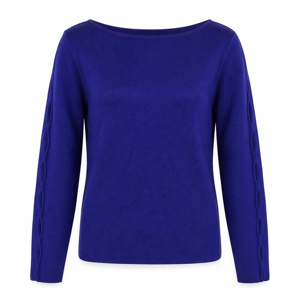 Front view of River Island women’s blue boat neck viscose jumper, size UK 10