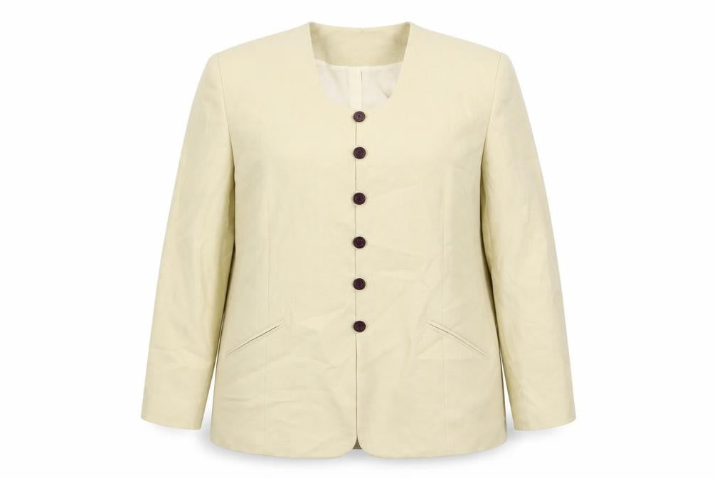 Front view of Vivienne Lawrence women’s beige jacket, size UK 16, button