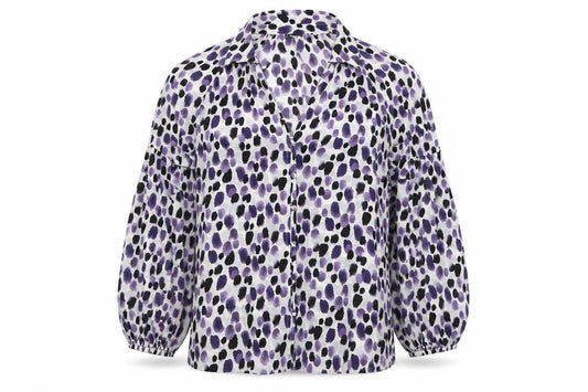 Front view of Matalan women’s purple geometric polyester basic button-up, size UK 14, collared