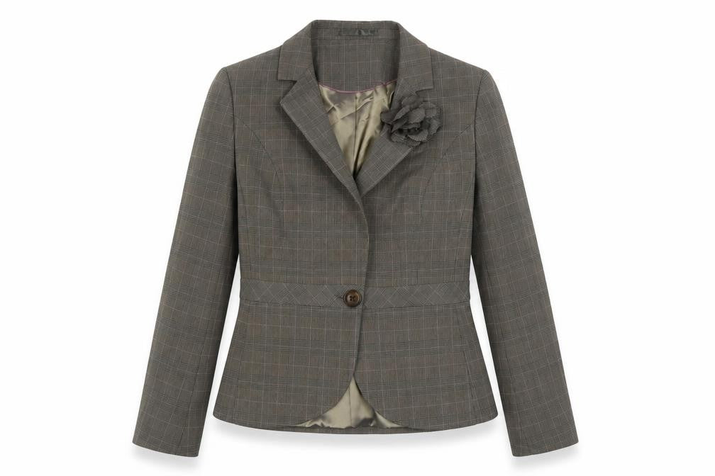 Front view of Next women’s brown plaid jacket blazer, size UK 10, button