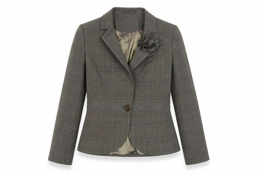 Front view of Next women’s brown plaid jacket blazer, size UK 10, button