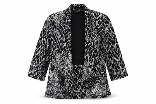 Front view of Roman women’s black animal print jacket blazer, size UK 12