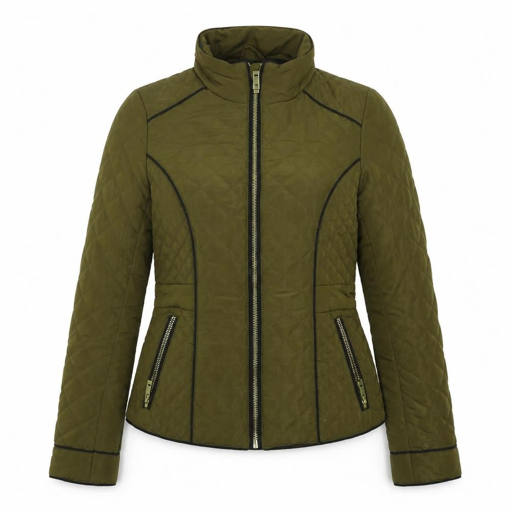 Front view of River Island women’s green quilted coat, size UK 6, zip