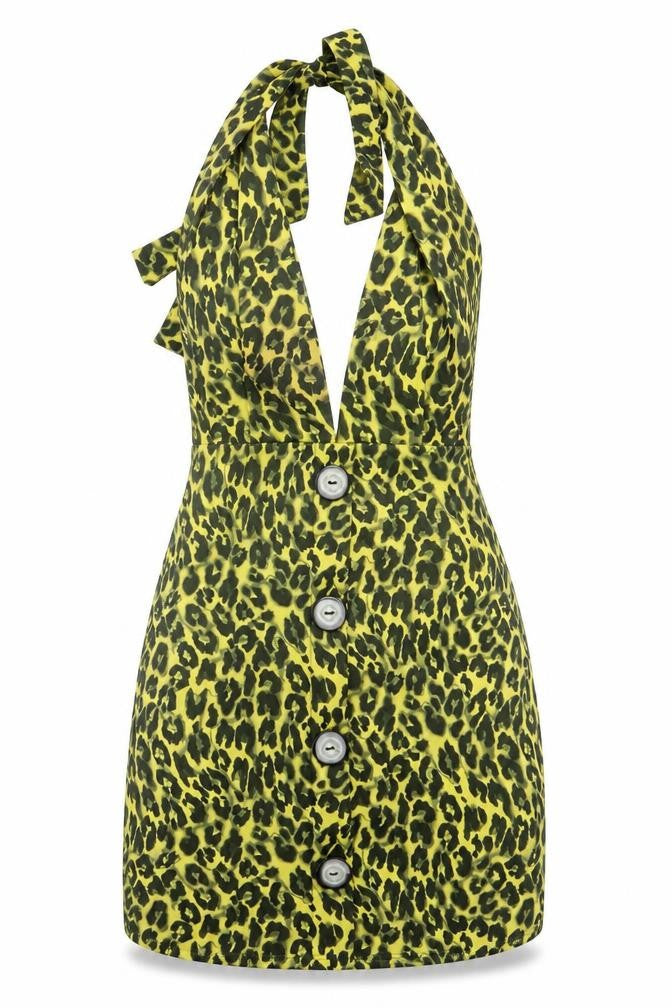Style Wise Womens Yellow Animal Print Polyester A-Line  Size 6  V-Neck Tie