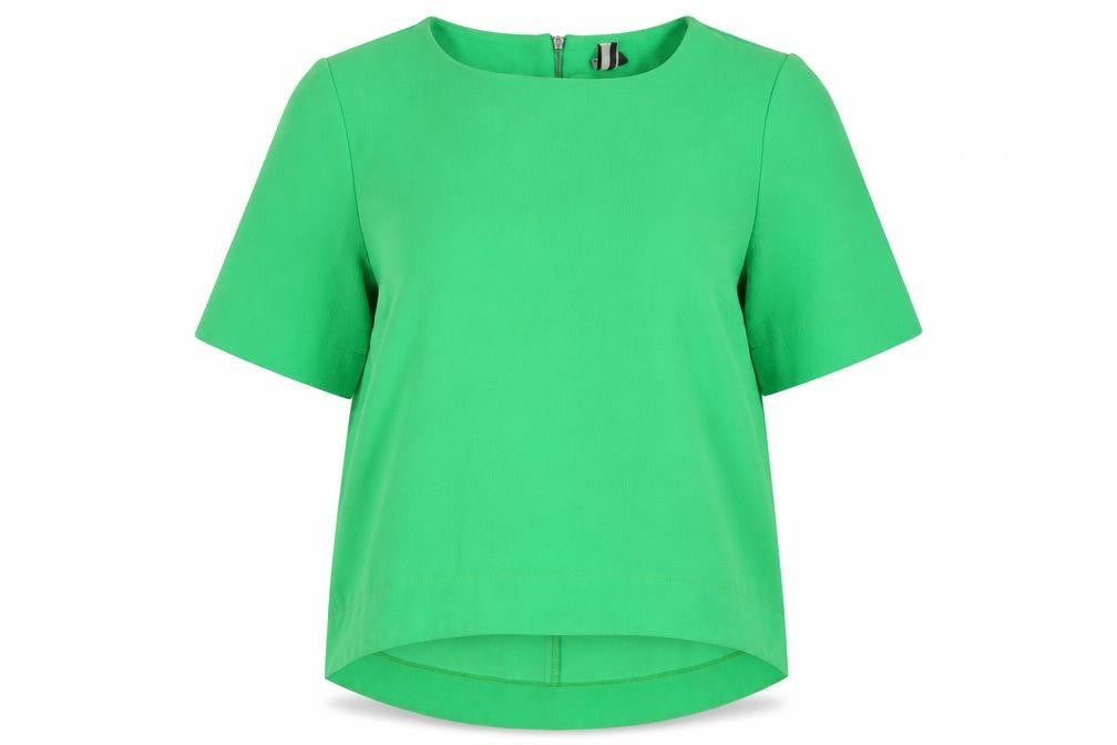 Front view of Topshop women’s green polyester basic t-shirt, size UK 8, crew neck