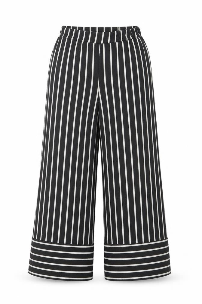 Front view of PRETTYLITTLETHING women’s black striped polyester cropped trousers, size UK 6, 20-inch leg regular