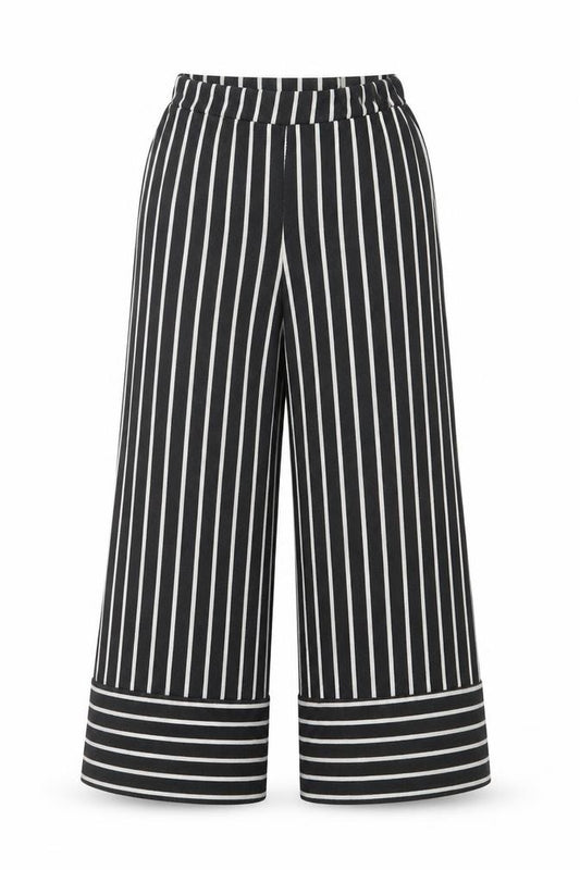 Front view of PRETTYLITTLETHING women’s black striped polyester cropped trousers, size UK 6, 20-inch leg regular