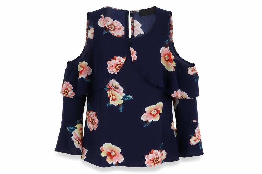 Front view of AX Paris women’s blue floral polyester basic blouse, size UK 10, crew neck