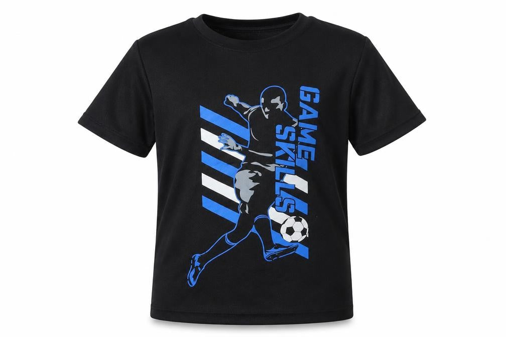 Front view of Pep&Co boys’ black polyester basic t-shirt, size 5-6, years round neck