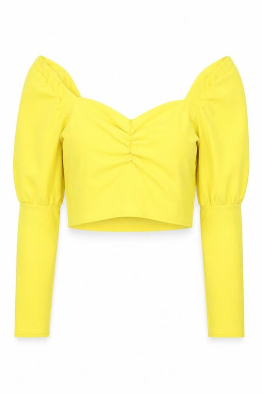 Front view of In the Style women’s yellow polyester basic blouse, size UK 6, square neck