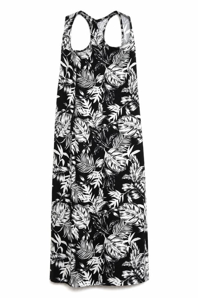 Front view of Peacocks women’s black floral viscose shift, size UK 12, round neck