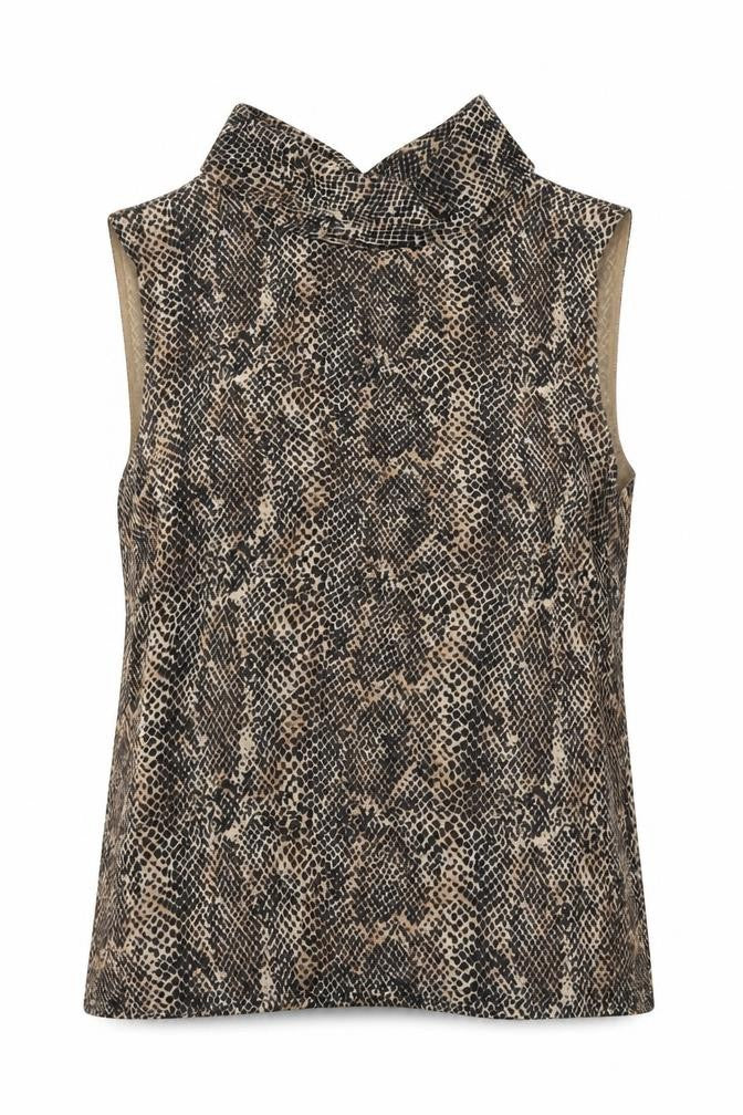 Front view of Marks & Spencer women’s brown geometric viscose basic blouse, size UK 10, collared