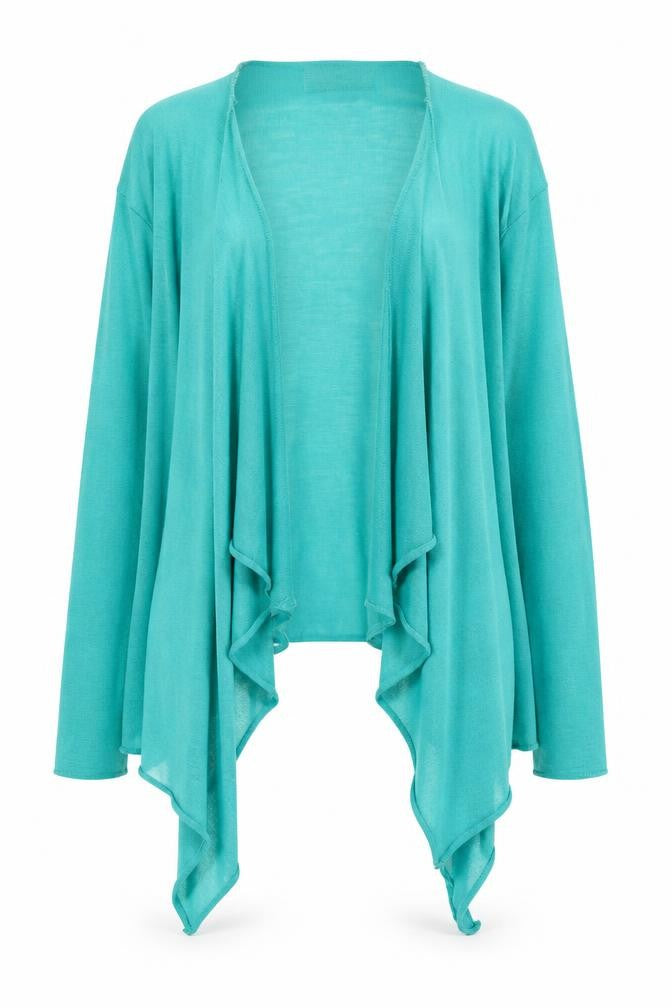 Front view of Per Una women’s green v-neck polyester cardigan jumper, size UK 10