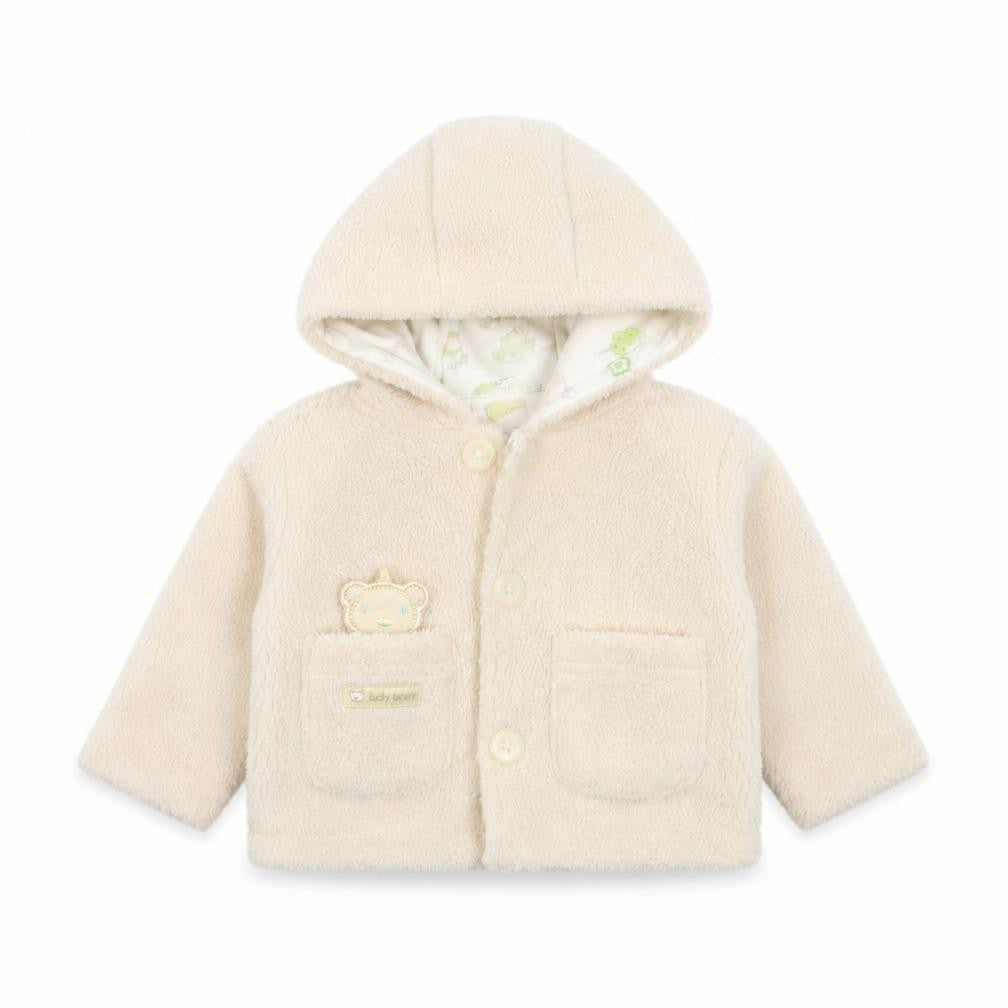 Front view of Pumpkin Patch Baby White Geometric Polyester Cardigan Jumper, size 0-3, Months Button