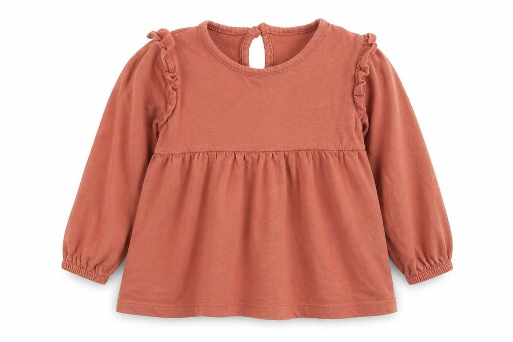 Front view of Primark girls’ brown cotton basic t-shirt, size 9-12, months round neck button