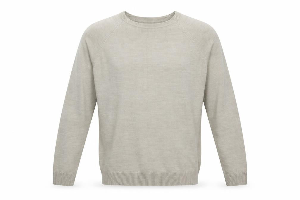 Front view of River Island men’s beige round neck acrylic jumper, size XL