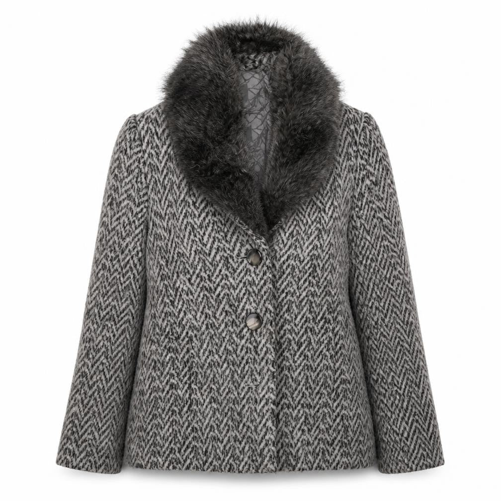 Front view of Per Una women’s grey geometric overcoat coat, size UK 16