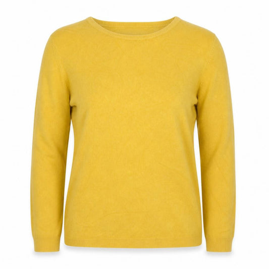 Front view of Matalan women’s yellow round neck acrylic jumper, size UK 12