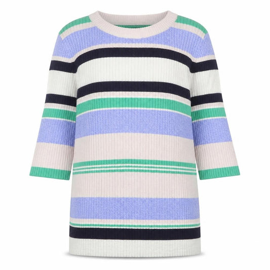 Front view of New Look women’s multicoloured round neck striped viscose jumper, size UK 8