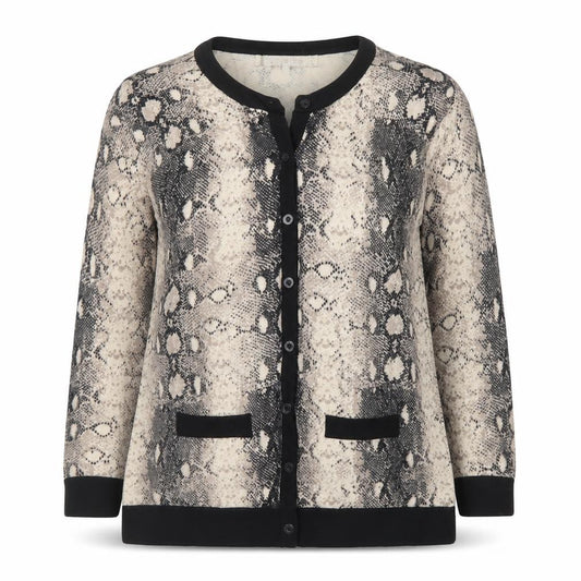 Front view of Principles women’s beige round neck animal print viscose cardigan jumper, size UK 10