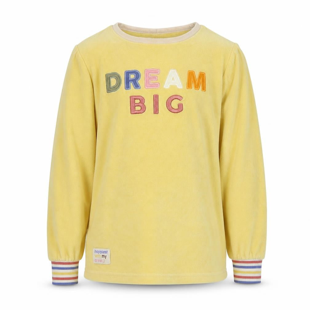 Front view of Primark girls’ yellow crew neck polyester jumper, size 8-9, years pullover - slogan