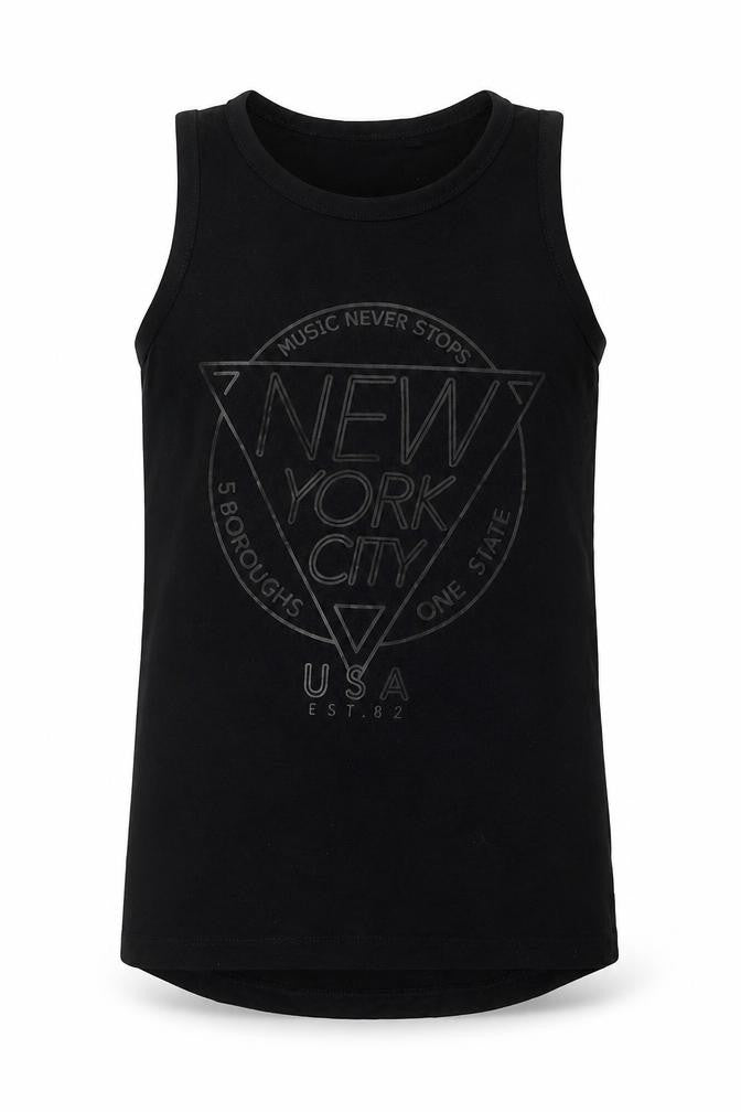 Front view of Next boys’ black cotton basic tank, size 8, years round neck pullover - nyc