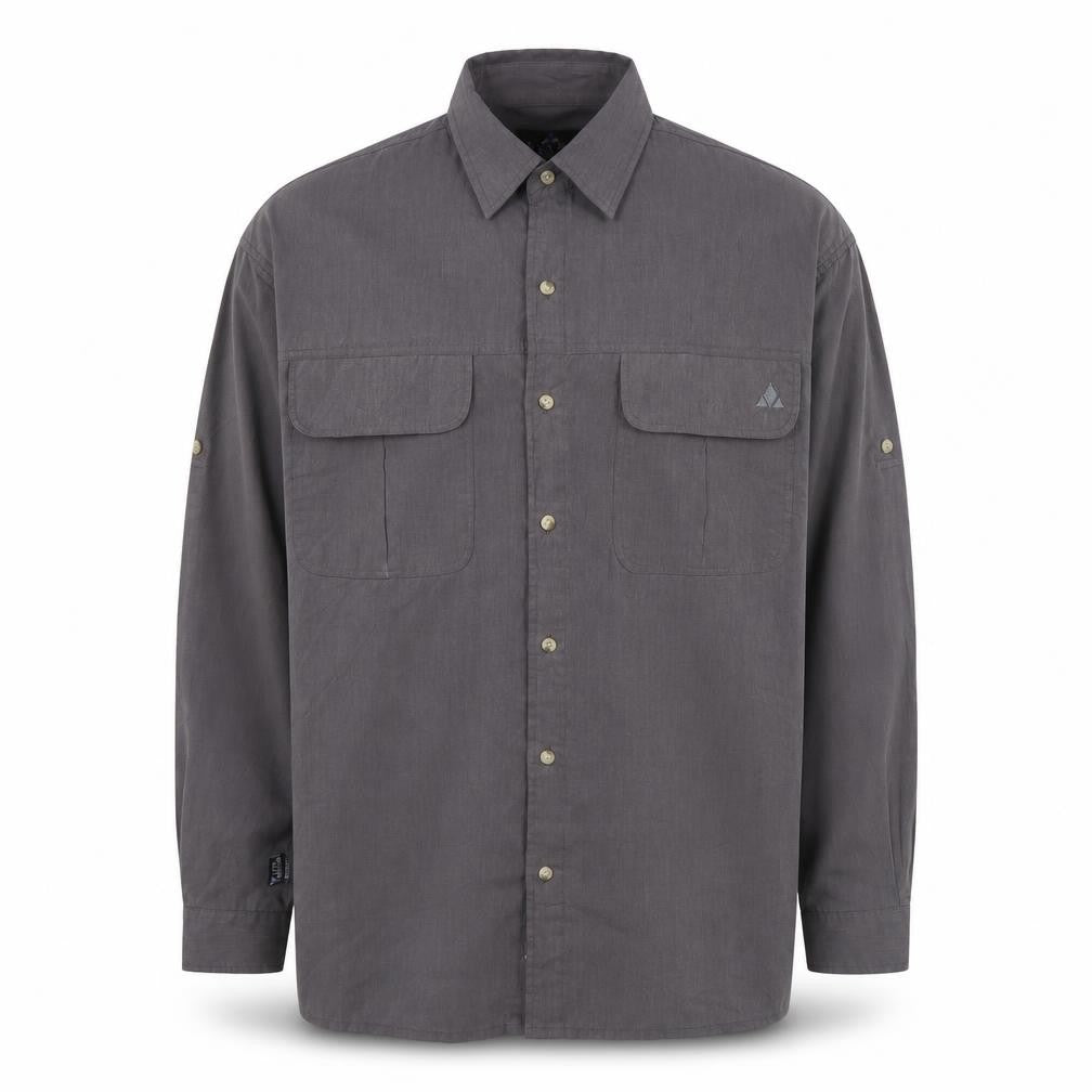 Front view of Mountain Craft men’s grey polyester button-up, size L, collared button