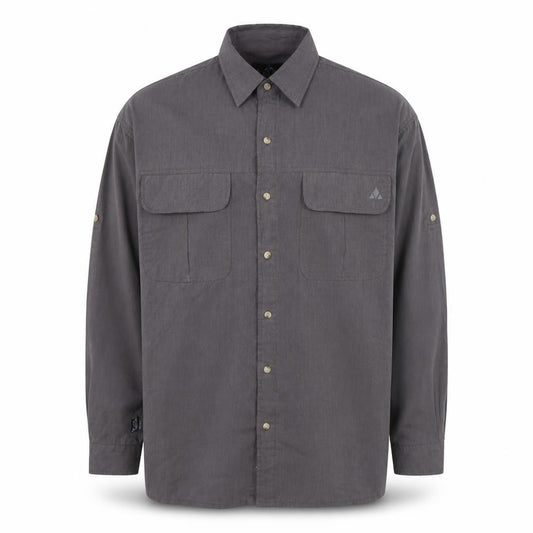 Front view of Mountain Craft men’s grey polyester button-up, size L, collared button