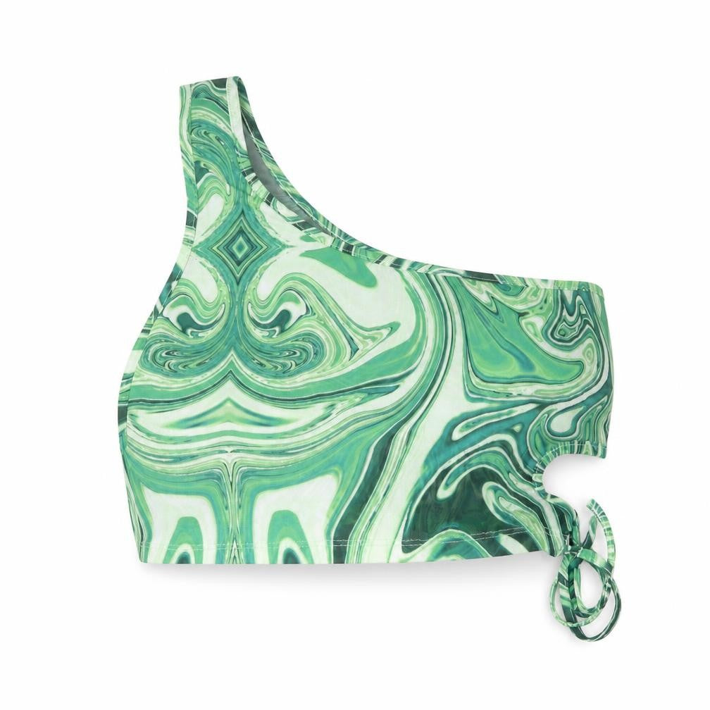 Front view of SHEIN women’s green polyester cropped blouse, size L, one shoulder