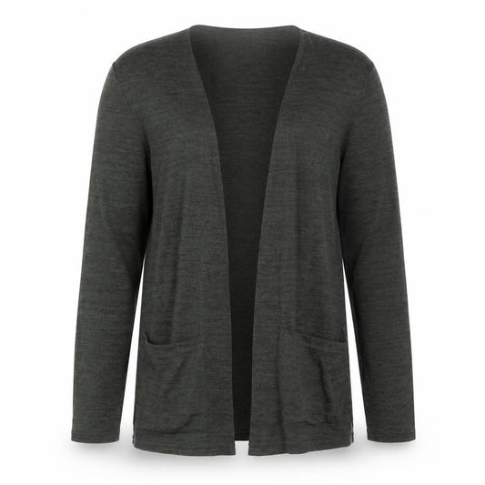 Front view of Atmosphere women’s green v-neck polyester cardigan jumper, size UK 6