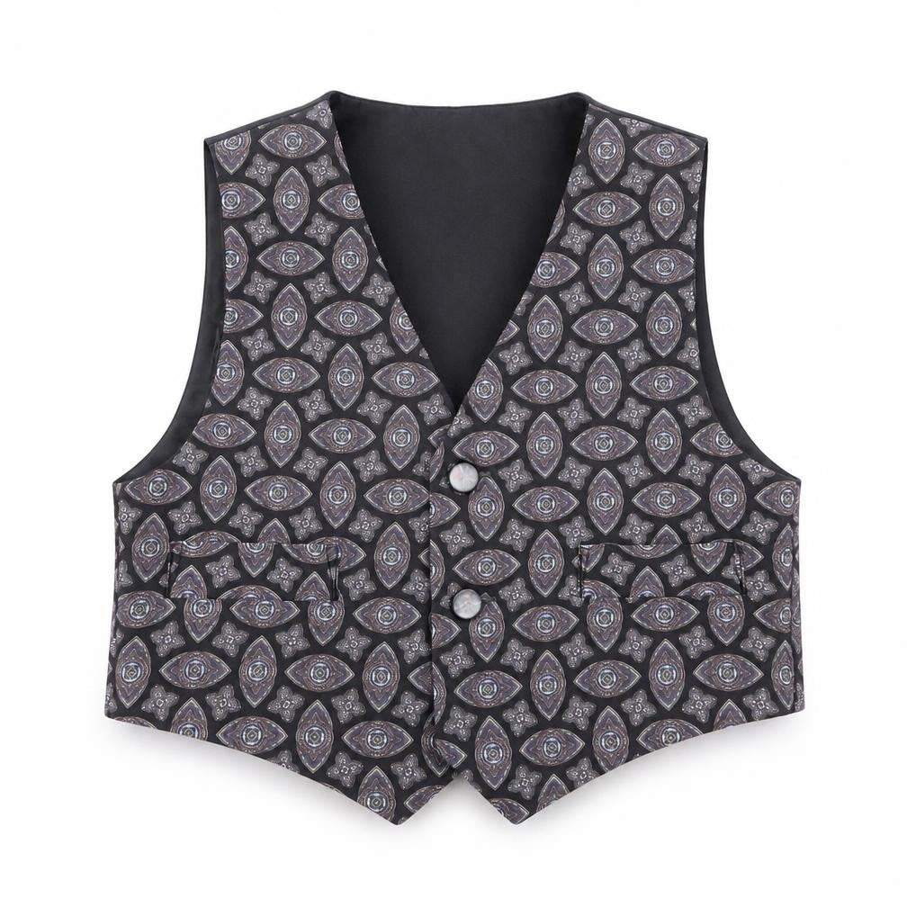 Front view of Preworn boys’ black geometric jacket waistcoat, size 3, years button