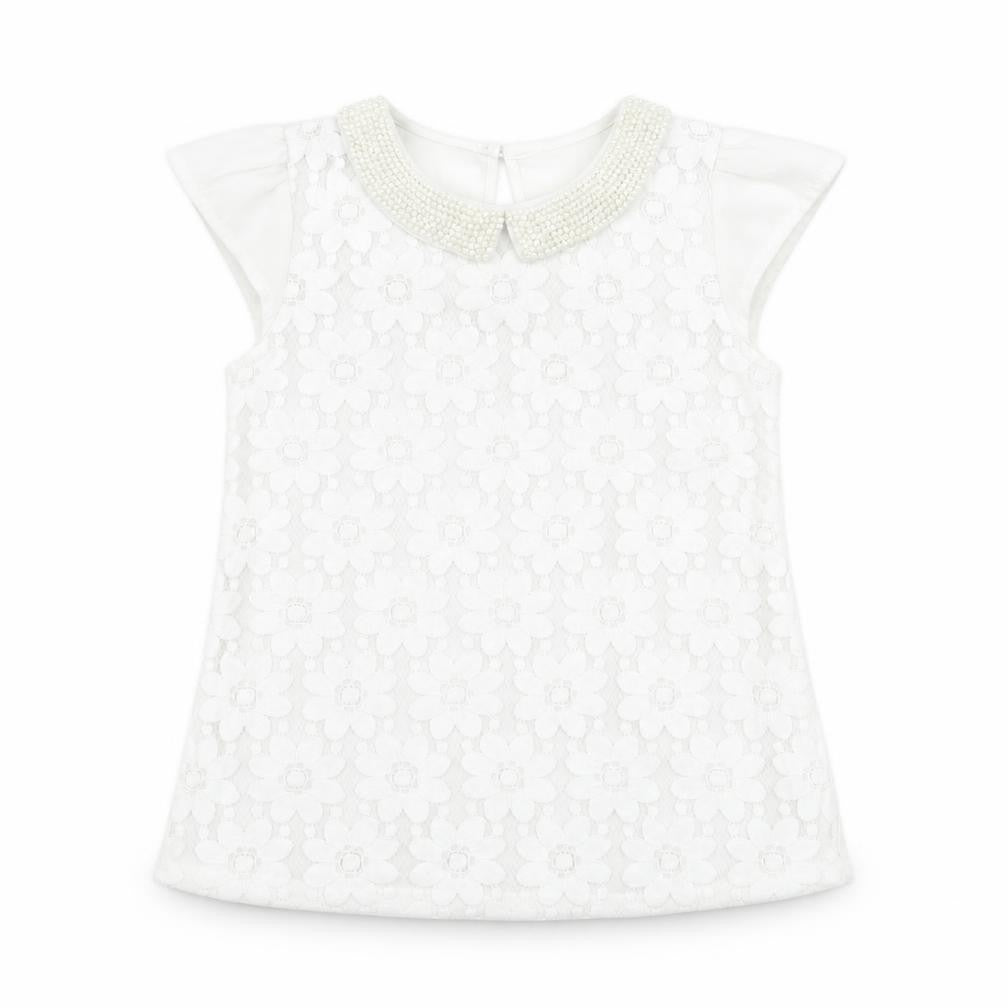 Front view of Dunnes girls’ ivory polyester basic tank, size 8, years collared pullover - flower