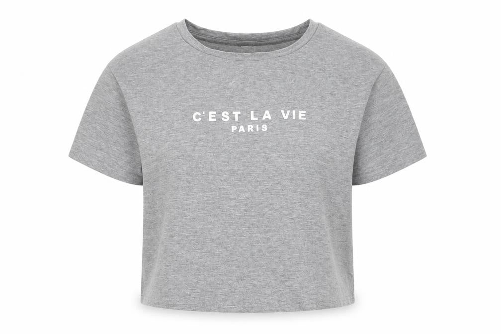 Front view of SHEIN girls’ grey polyester basic t-shirt, size 12-13, years round neck pullover - c'est la vie