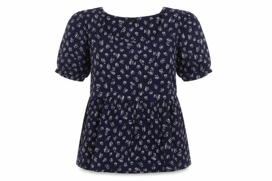 Front view of F&F women’s blue floral polyester jersey t-shirt, size UK 10, square neck