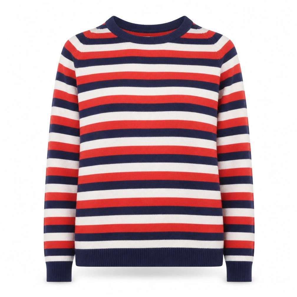 Front view of Preworn women’s red round neck striped cotton blend jumper, size M