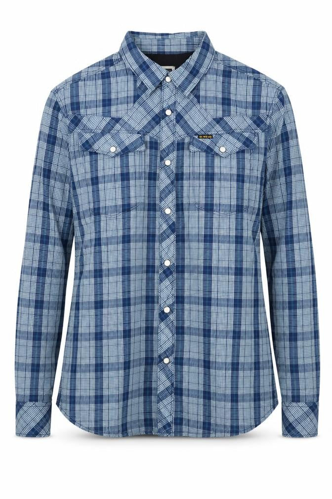 Front view of G STAT women’s blue check cotton basic blouse, size M, collared