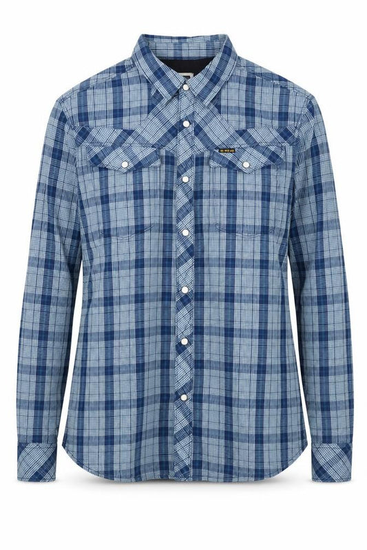 Front view of G STAT women’s blue check cotton basic blouse, size M, collared