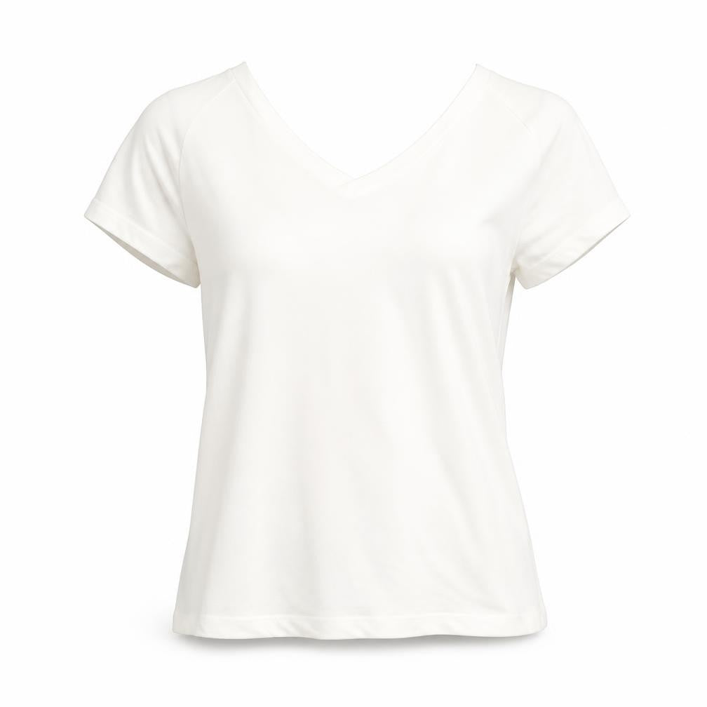 Front view of Preworn women’s white elastane basic blouse, size S, v-neck