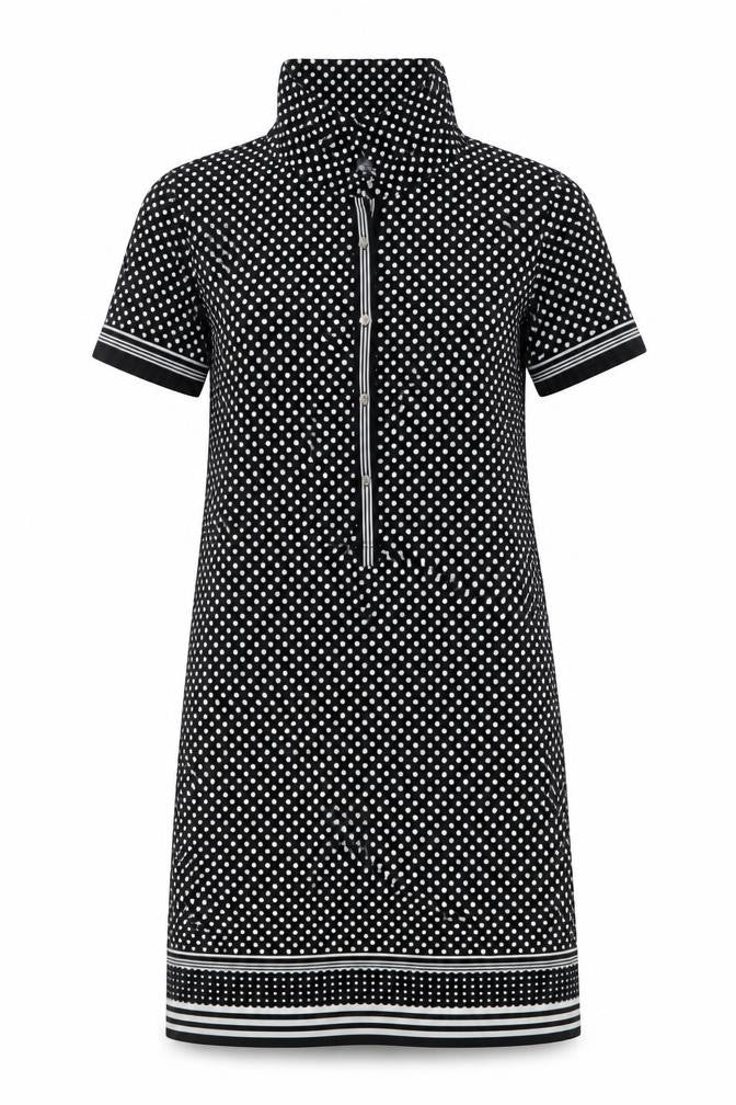 Front view of Max Studio women’s black polka dot polyester blend shift, size S, snap