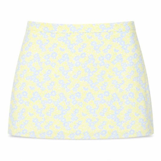 Front view of EXHIBIT women’s yellow floral polyester a-line skirt, size UK 12