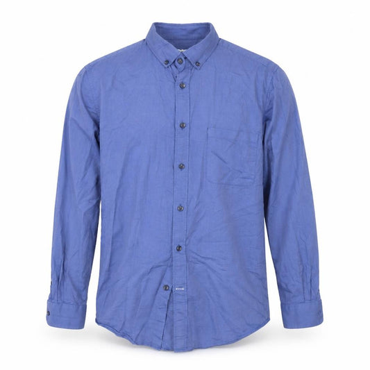 Front view of Dunnes men’s blue cotton button-up, size M, collared