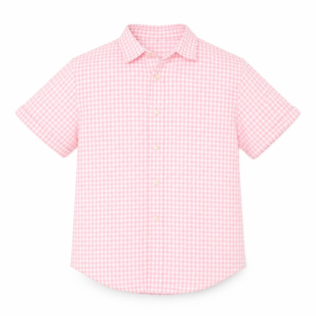 Front view of urban boys’ boys pink check camel basic button-up, size 13, years collared