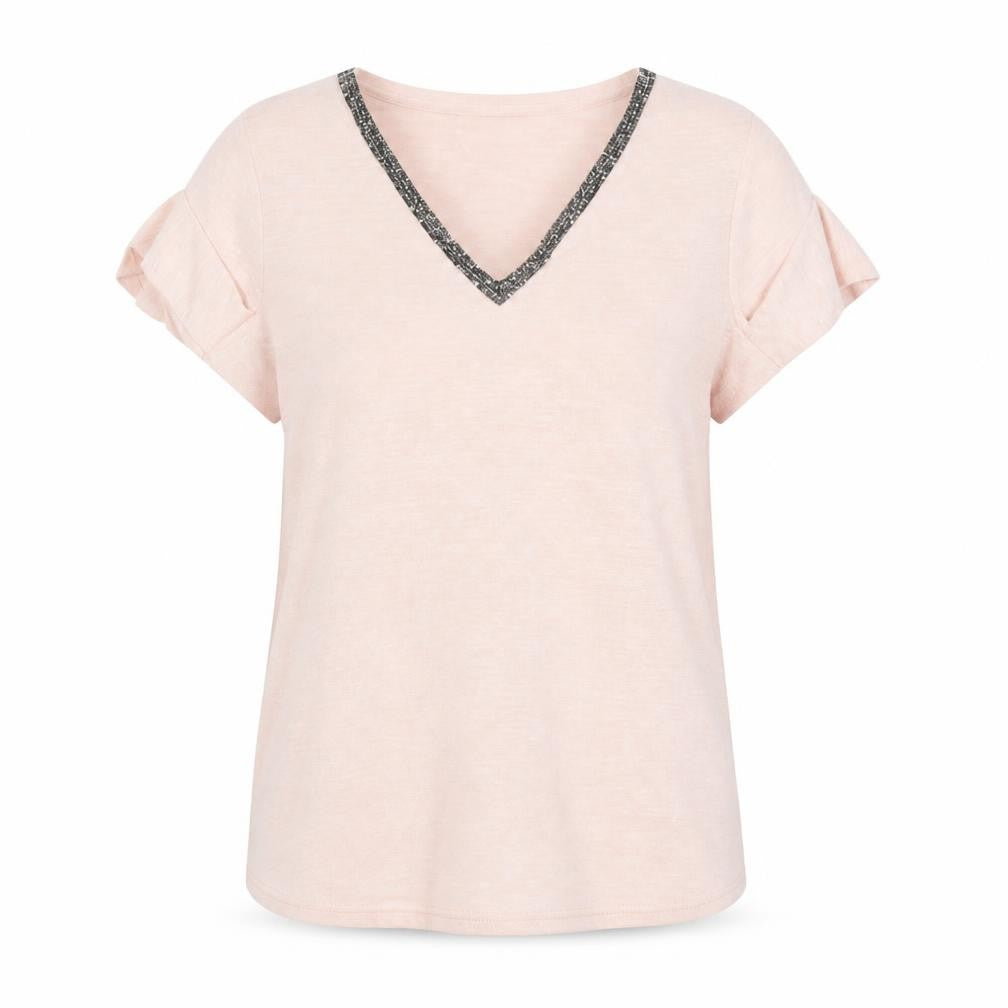 Front view of Dunnes pink n women’s v-neck polyester jumper, size UK 8